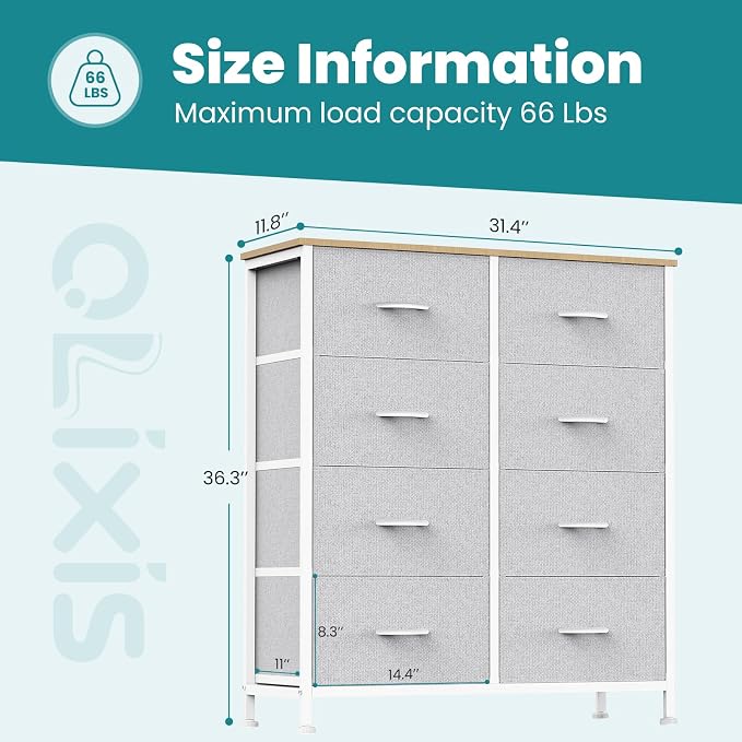 OLIXIS 8 Drawer Storage Dresser with Wood Top - Wide Fabric Chest Organizer for Bedroom, Closet, Living Room,Tower Cabinet, TV Stand, Hallway Entryway Furniture,Light Grey