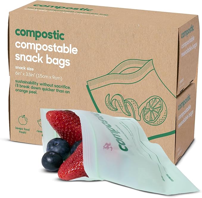 Compostic Compostable Snack Bags, Snack Size (90 + 10 Count) Everyday Essential — Resealable Zip-Seal, Plant-Based, Home Compostable, Freezer Safe, BPA-Free, Non-Toxic, GMO-Free Food Storage Bags