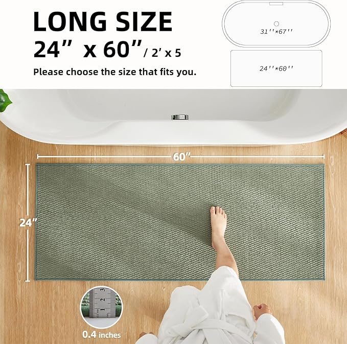 TYUU Bathroom Runner Rug, Long Bath Mat Washable Thin Quick Dry Low Pile Bathroom Runner Rugs 24 x 60 Non Slip, Sage Green 24"x60"