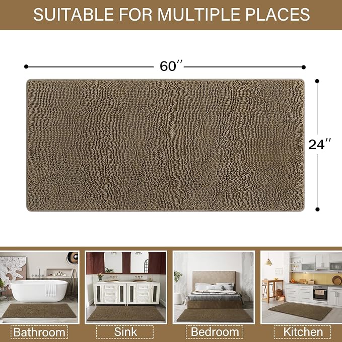 LOCHAS Luxury Bathroom Rug Shaggy Bath Mat 24 x 60 Inch, Tan | Washable Non Slip Bath Rugs for Bathroom Shower, Soft Plush Chenille Absorbent Carpets