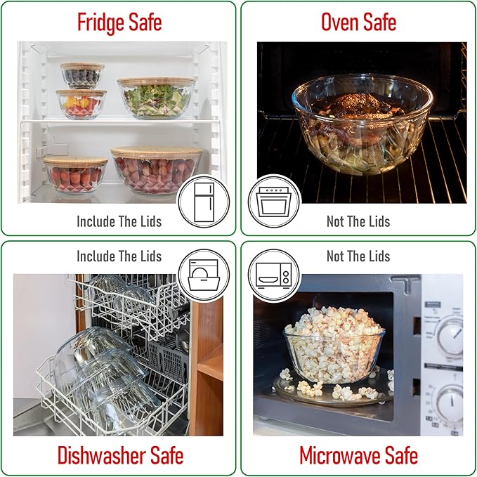 Large Stackable Set of 5 Nesting Glass Bowls with Bamboo Lids for Foodprep, Storage, Baking, Sourdough Mixing & Cooking. Microwave & Oven Safe Heat Resistant Inert Borosilicate Glass