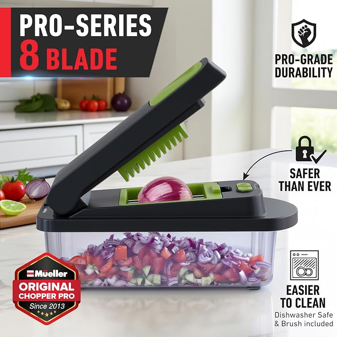 MUELLER HOME Pro-Series 10-in-1, 8 Blade Vegetable Chopper, Onion Mincer, Cutter, Dicer, Egg Slicer with Container, French Fry Cutter Potato Slicer, Home Essentials, Salad Chopper,Gray/Green