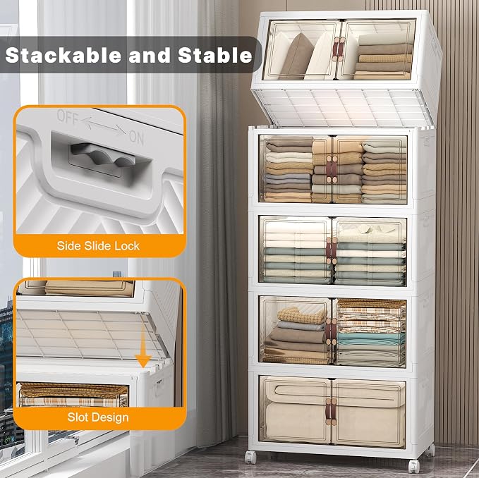 Stackable Storage Bins, 560QT Collapsible Drawers with 1 Lid | Large Capacity, Magnetic Door, Stack Lock, Rolling Wheels, Foldable Design, Organizers and Storage for Bedroom Dorm Garage