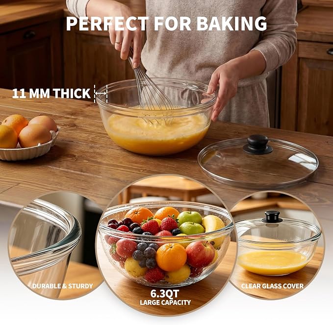 6.3 QT Glass Mixing Bowl with Lids, Large Glass Bowl for Sourdough Bread | Thick Glass Salad Bowl, Extra Large Glass Bowl Ideal for Kitchen Storage, Baking, Food Prep, Dishwasher Microwave Freezer
