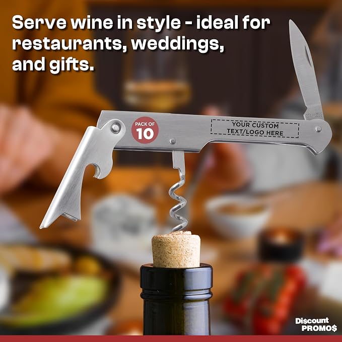 10 Valencia Stainless Steel Wine Bottle Openers Set - Customizable Text, Logo - Corkscrew, Serrated knife, Perfect for Bars - Silver