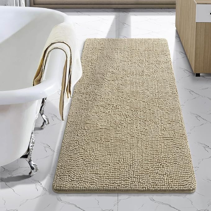 LOCHAS Luxury Bathroom Rug Shaggy Bath Mat 24 x 48 Inch, Beige | Washable Non Slip Bath Rugs for Bathroom Shower, Soft Plush Chenille Absorbent Carpets