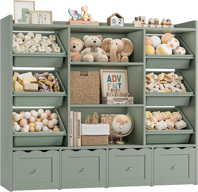 HITHOS 55" W Kids Toy Storage Organizer with 10 Toy Box & Book Shelf, Green | Large Toy Organizers and Storage with Kids Bookshelf & 6 Plastic Toy Chests & 4 Movable Drawers for Kids Room, Playroom
