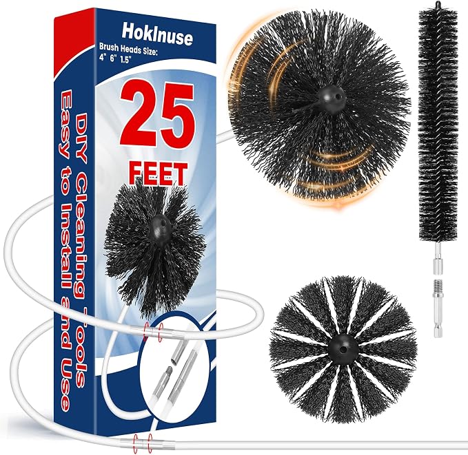 HOKLNUSE Dryer Vent Cleaner Kit Ducts Cleaning Kit for Dryer Air Duct HVAC Vent Fireplace Chimney Pellet Stove Gutter Downspout Dryer Vent Lint Removers with 1.5" 4" 6" Brush Heads (25 Feet)