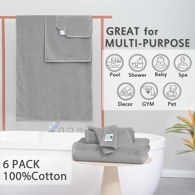 VOOVA & MOVAS 6PC Towel Set, 100% Cotton, Gray | 2 Large Bath 30x56 In, 2 Hand 18x28 In, 2 Washcloths 13x13 In, Quick Dry, Thick, Soft, Bathroom Essentials