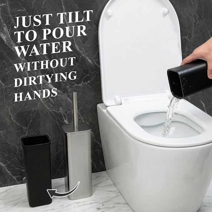 Toilet Brush with Square Holder - Toilet Brush and Holder Set Silver, Stainless Steel Handle with Splash Shield, Replaceable Head and Removable Inner Cup - Freestanding Bathroom Toilet Cleaning Set