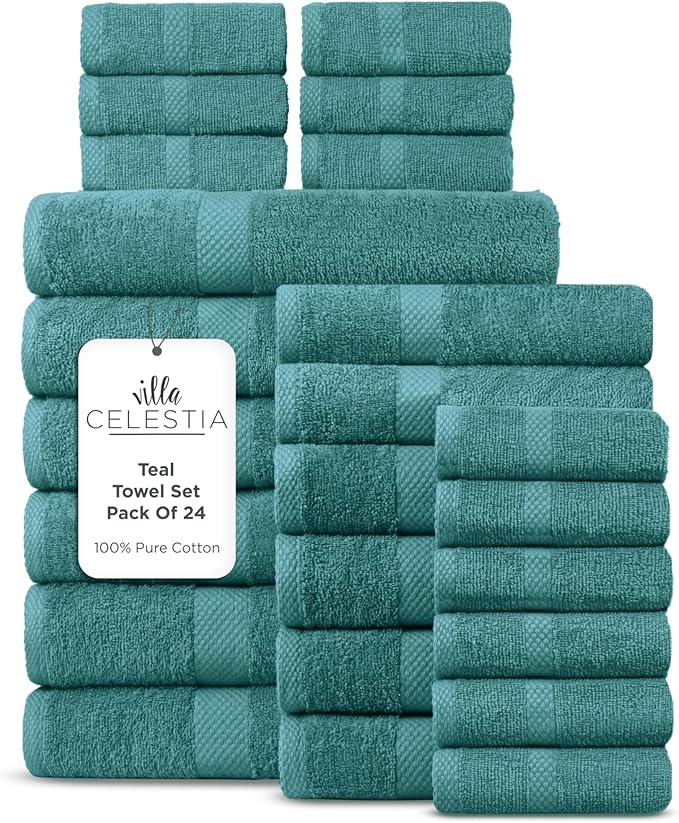 Villa Celestia 24-Piece 100% Cotton Towel Set, 6 Bath Towels, 6 Hand Towels, 12 Wash Cloth, Quick-Dry, Teal