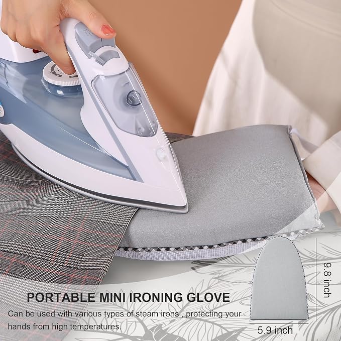 Ironing Board,Foldable Ironing Board Adjustable Height Compact Iron Board Thick Steel Tube Iron Board with Holder,Replacing Cloth Cover and Mini Handheld Gloves, Gift for Women(Leaf Print)