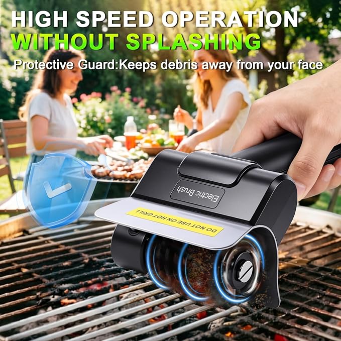 BBQ Electric Grill Brush for Outdoor Grill with 2 Stainless Steel Heads, 1100 RPM Electric Grill Cleaner Brush with Dual Safety Lock, Splash-Proof Grill Cleaning Brushes Scrubber, Rechargeable