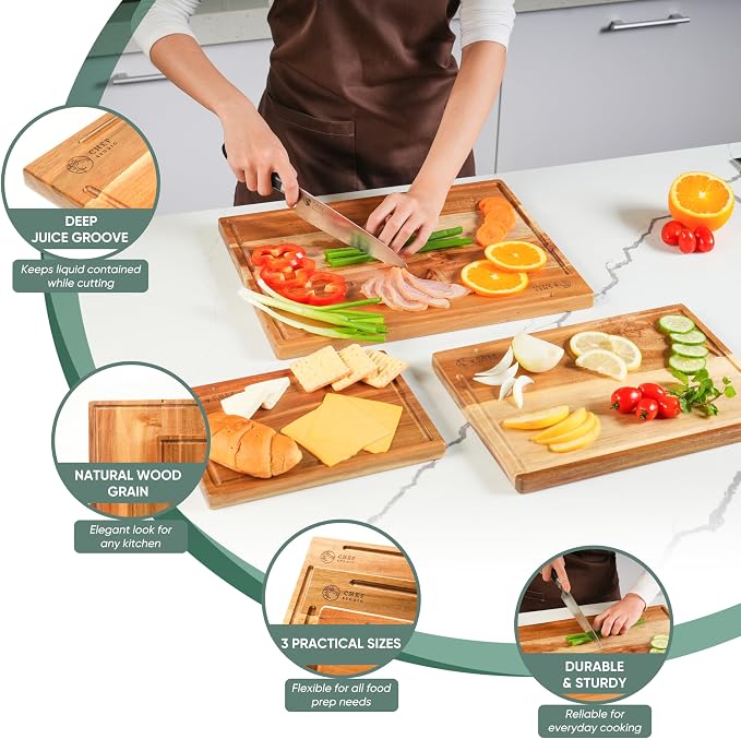 Acacia Wood Cutting Board (Set of 3) – Wooden Cutting Boards for Kitchen, Chopping and Serving, Non Plastic Bamboo Alternative, Hostess Gifts for Christmas, Thanksgiving, New Year