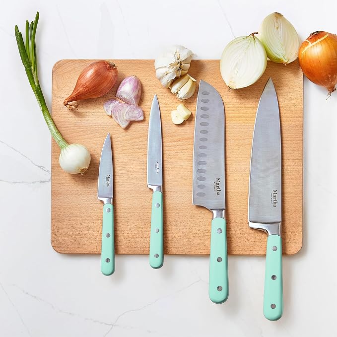 MARTHA STEWART Eastwalk 14 Piece High Carbon Stainless Steel Cutlery Knife Block Set w/ABS Triple Riveted Forged Handle Acacia Wood Block - Martha Blue