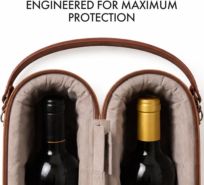 Bey-Berk Vino Brown Leather Double Wine Caddy, Two-Bottle Travel Case with Zipper Closure and Corkscrew Bar Tool