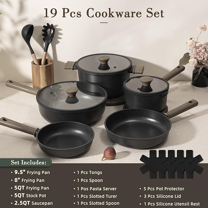 Astercook 19 Pcs Pots and Pans Set Non Stick, Black Titanium Induction Kitchen Cookware Sets, Non toxic Healthy Kitchen Cooking Set with Frying Pans Set, PTFE PFOA PFOS Free, Fathers Day Gift for Men