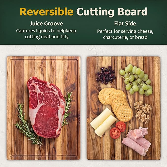 Large Teak Wooden Cutting Boards for Kitchen, Solid Wood Cutting Board Set - Charcuterie & Chopping Butcher Block for Meat - Kitchen Gadgets Gift