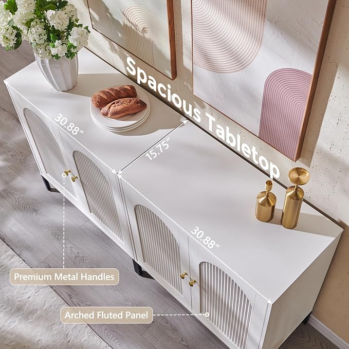 IFGET 123.5" W Modern Arched Sideboard Buffet Cabinet with Storage, White | Fluted Arch Sideboard Cabinet w/Adjustable Shelves, Wooden Modular Kitchen Cabinet for Dining& Living Room, Entryway