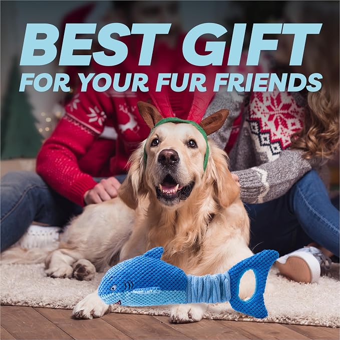 LEGEND SANDY Squeaky Dog Toys for Large Dogs – Interactive Plush Shark Toy with Crinkle & Tug of War Tail, Puppy Chew Toys for Small Medium Large Breeds