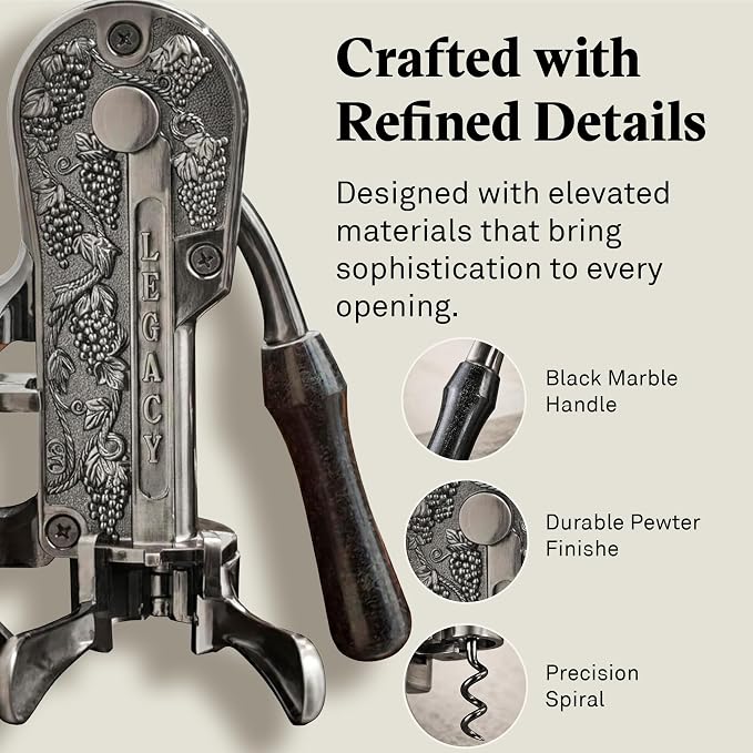 Wine Enthusiast Legacy Corkscrew – Durable Wine Opener with Black Marble Handle & Solid Metal Construction - Long Lasting Cork Removal with Tabletop Mount (Pewter)