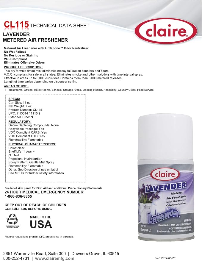 Claire Cl115-12pk Lavender Metered Air Freshener; 7 Oz (Pack of 12)