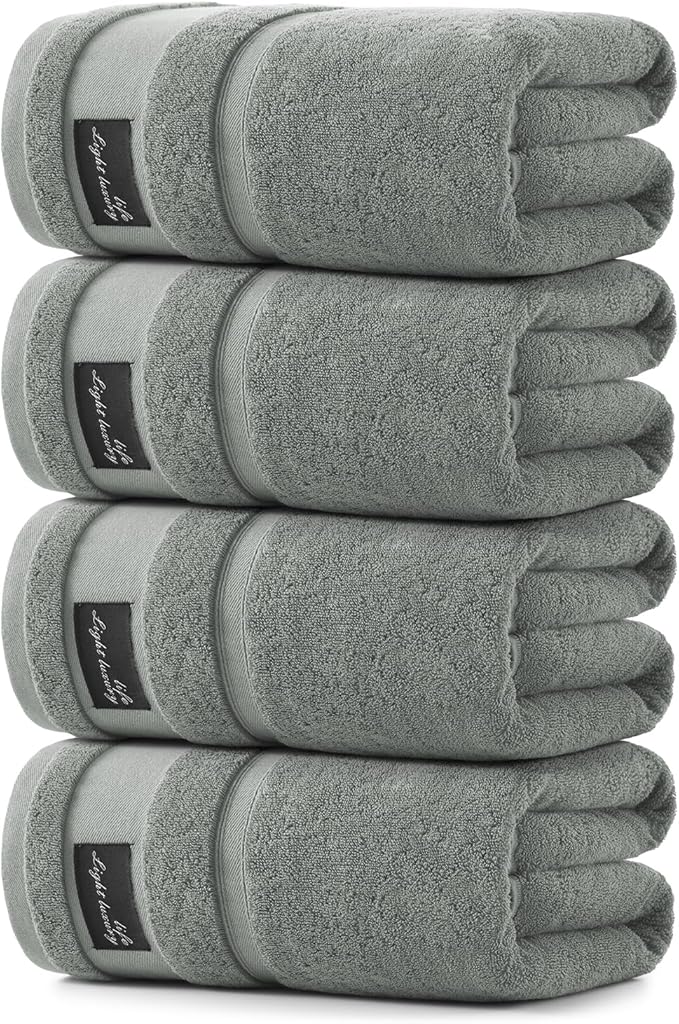 REDKISS 4 Pack Large Bath Towels Set, 100% Cotton, 31x63 in, Heavyweight 760G, Highly Absorbent & Quick Dry, Super Soft Luxury Towels for Bathroom,Hotel Collection - Gray