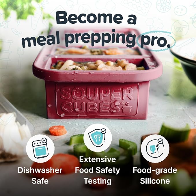 Souper Cubes 1 Cup Silicone Freezer Trays with Lids, Cranberry, 2-Pack | 100% Platinum-Cured Silicone Freezer Cubes, Oven and Microwave Safe, Perfect for Freezing Soup, Protein, Grains and More