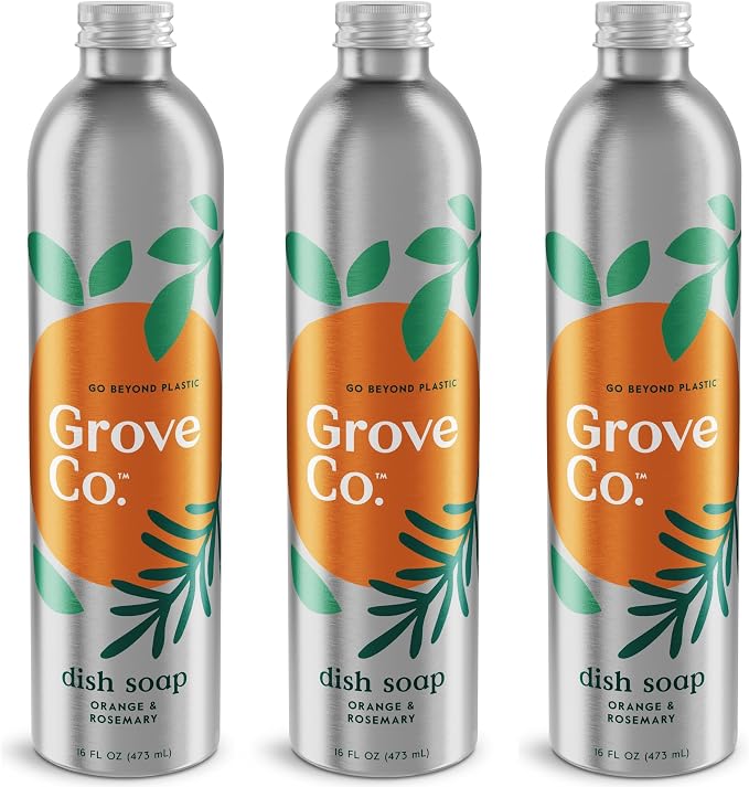 Grove Co. Dish Soap, 3 x 16 fl oz Refills, Orange & Rosemary | Plastic-Free; Refill format; Natural Fragrance; Removes Stuck on Food; 98% plant-based ingredients