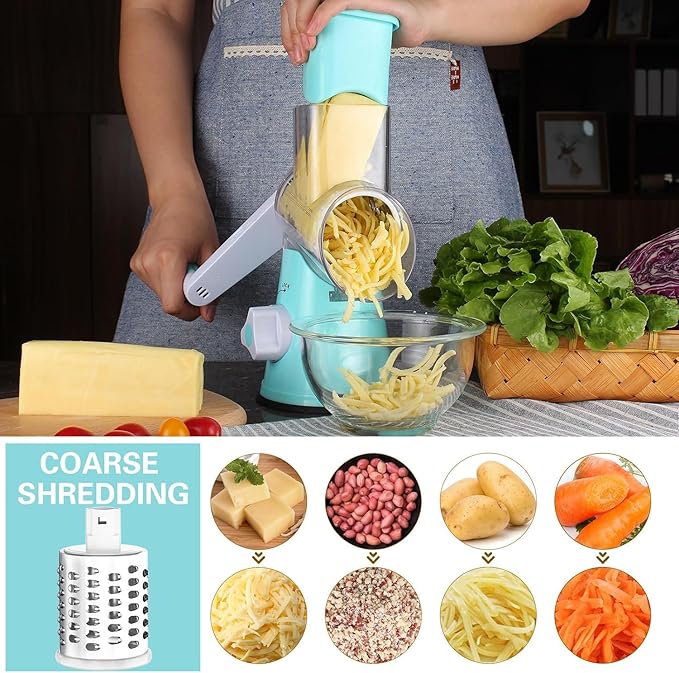 Cambom Rotary Cheese Grater Hand Crank Cheese Shredder for Fresh Cheese, Vegetable, Nuts,Non-slip Suction Base，Three Blades,Blue