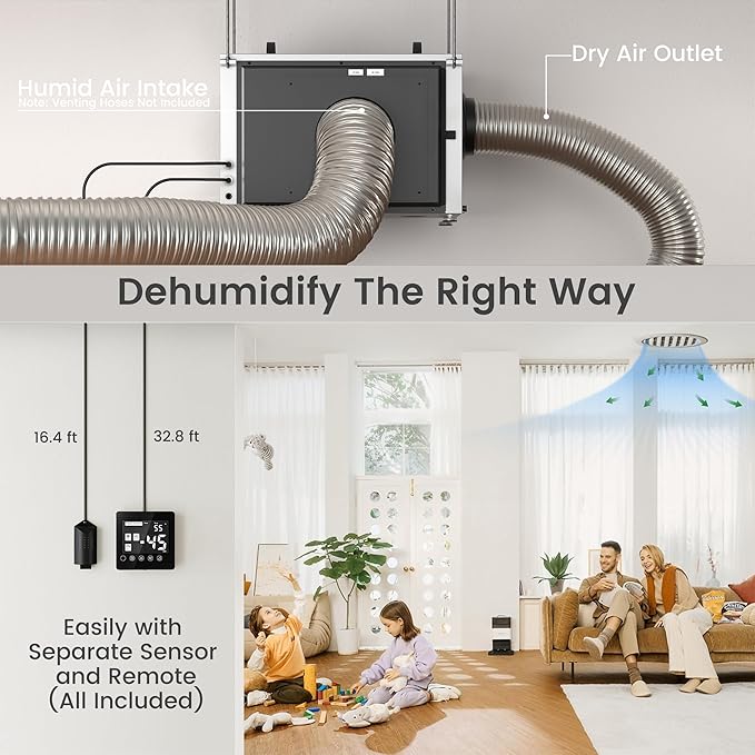 Waykar 216 Pints Crawl Space Dehumidifier with Pump, Remote Control & Dual Duct, HVAC Commercial Dehumidifier for Basement, Whole House & Water Damage, 8000 Sq. Ft, 10-90% RH - 5-Year Quality Coverage