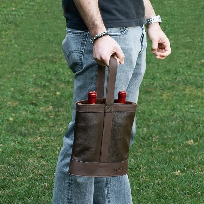 Double Wine Carrier Bag – Leather Wine Tote for Two Bottles with Handles & Metal Buckle – Protective Carrier for Picnic, Wine Champagne Gift Bag (Moka)
