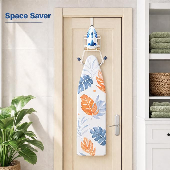 ORLESS Ironing Board Hanger Over Door & Wall Mount, White | 2 in 1 Heavy Duty Iron Board Holder with Storage Basket, Fits T/Y Boards, Laundry Room Space Saver