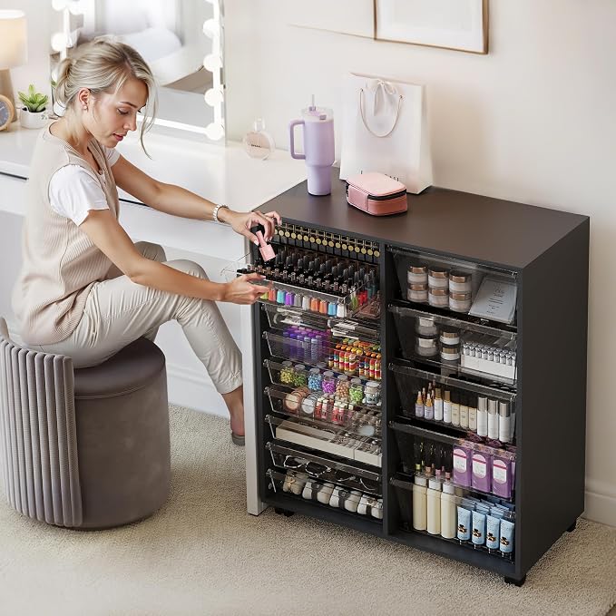 WOPITUES Mobile Storage Cabinet with 15 Clear Drawers, Craft Cabinet with 5 Large Drawers, Cart with Wooden Tabletop, Printer Stand Home Office, Dresser Chest, Modern Black