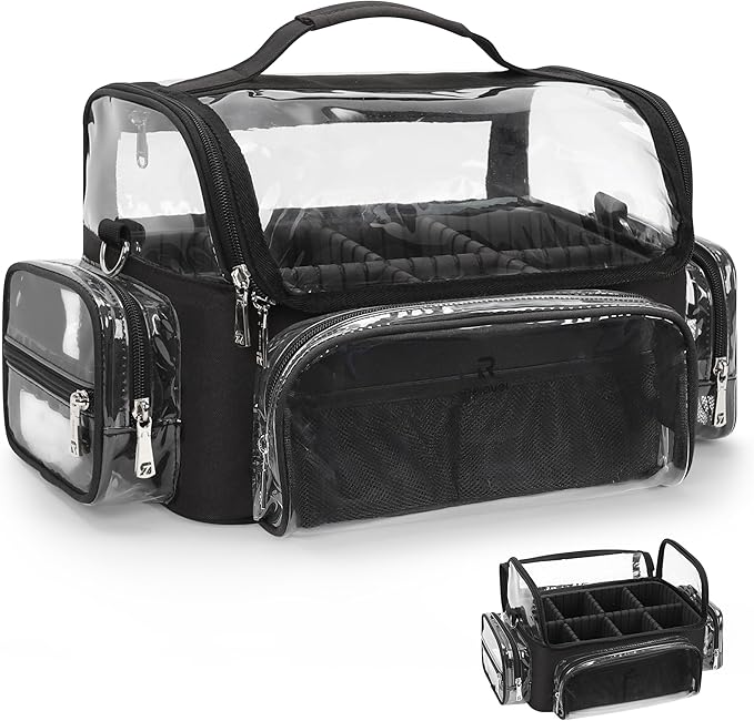 Makeup Brush Bag, Makeup Brush Case for Makeup Artist with Plastic Dividers Washable, Portable Travel Makeup Train Case with Clear Waterproof Cover for Easy to Clean and Find with Adjustable Strap