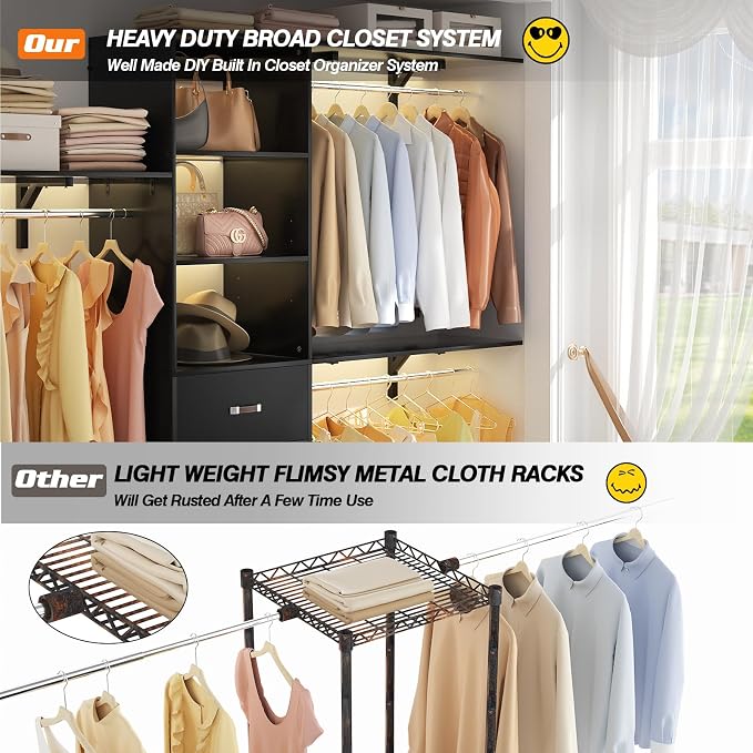 Armocity 96" Wood Closet System with 3 Enclosed Drawers & 3 Solid Shelves, 8FT Adjustable Closet Organizers and Storage, Heavy Duty Modular Wardrobe for Reach-In & Walk-In, 1000 LBS Load, Black