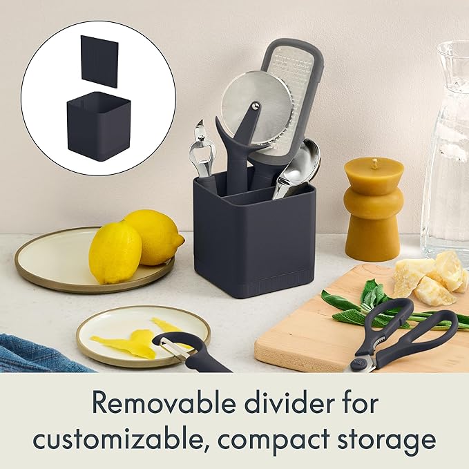 bella 7-Piece Modular Gadget Set, Grater, Pizza Cutter, Ice Cream Scoop, Peeler, Shears, Bottle Opener, Crock with removable divider, Dishwasher Safe, Slate