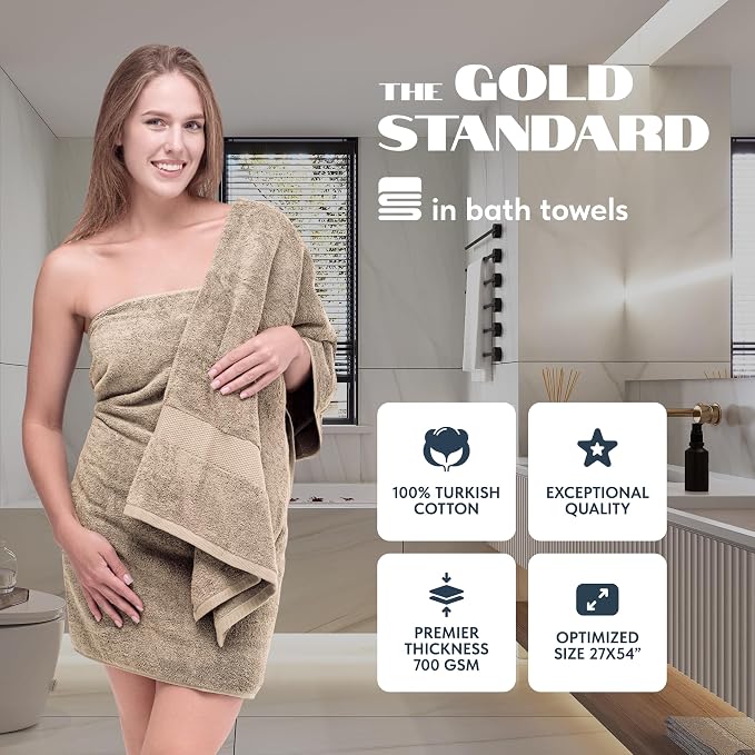 White Classic Luxury Bath Towels Set of 4 Large - 700 GSM Cotton Ultra Soft Bath Towels 27x54 | Highly Absorbent and Quick Dry | Hotel Towels for Bathroom Luxury, Plush Shower Towels, Taupe