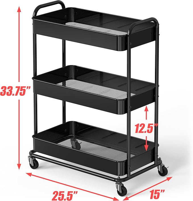 Simple Houseware 26" Extra-Wide 3-Tier Heavy Duty Metal Utility Cart, Black | High-Capacity Rolling Cart Organizer for Spa, Salon, Office, and Home Storage