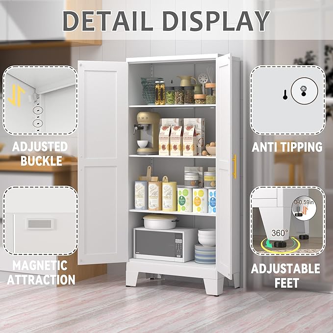 GAIOUS 61.02" Pantry Cabinet, Kitchen Pantry Storage Cabinets with Adjustable Shelves and Feet, White Pantry Storage Cabinet for Kitchen, Dining Room, Living Room and Bathroom (White) Metal