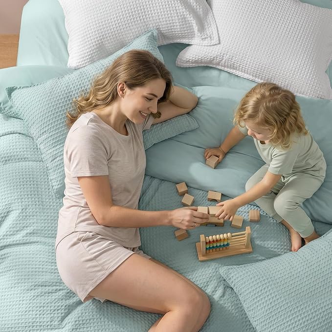 PHF Waffle Weave Duvet Cover Set Queen Size, No Snagging Ultra Soft Luxury Textured Breathable Comforter Cover for All Season 3pcs, Durable Bedding Duvet Set with 2 Pillow Shams, 90"x90",Aqua