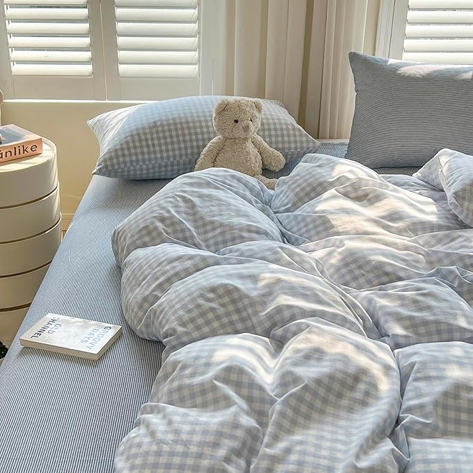 mixinni Light Blue Gingham Duvet Cover Set Twin Size - 100% Washed Cotton 3 Piece Plaid Checkered Bedding Set, Soft Comfy Grid Farmhouse Comforter Cover with Zipper Closure & Corner Ties