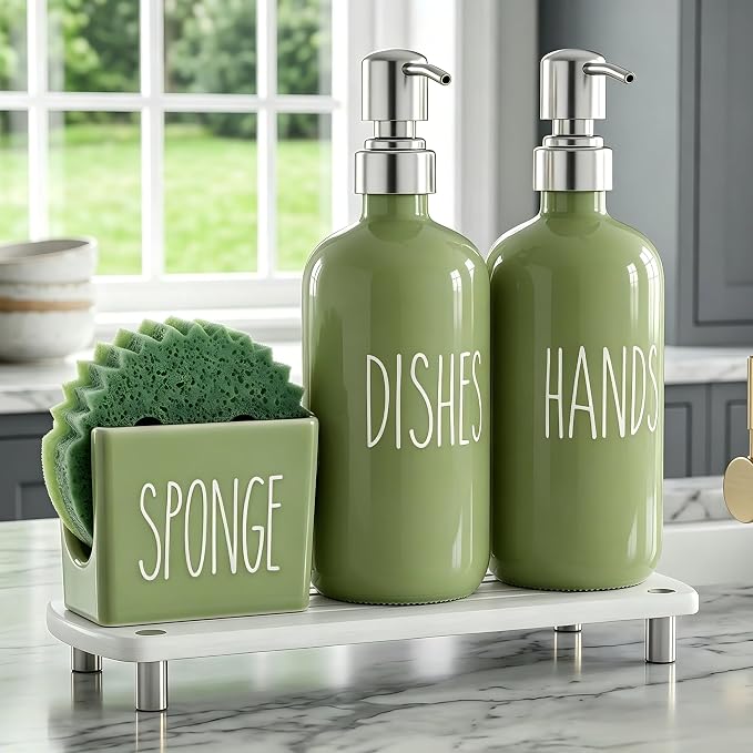 Cisily Kitchen Soap Dispenser Set Comes with Ceramics Sponge Holder, Silver Pumps, and Instant Dry Tray, Hand and Dish Soap Dispenser Set, Kitchen Sink Olive Green Decor