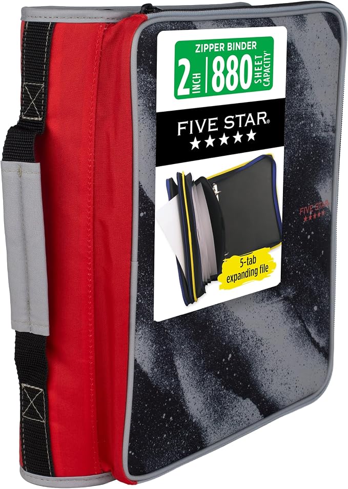 Five Star Zipper Binder 2 Inch O-Rings Case Organiser with Multi-Access and 5-Tab Expanding File Folder, 850 Sheet Capacity, Crimson Fade (290010K)