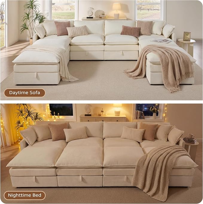 Ihanherry 135” Oversized Sectional Sofa Bed with Storage, 8-Seater Modular Cloud Couch with Movable Ottomans, Chenille Deep Seat Sleeper Couches for Living Room (Beige)