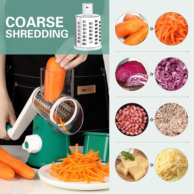 Cambom Rotary Cheese Grater Hand Crank Cheese Shredder for Fresh Cheese, Vegetable, Nuts,Non-slip Suction Base, Three Blades, Dark Green