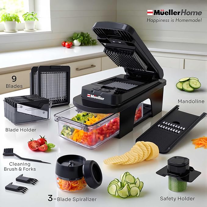MUELLER HOME ULTIMATE 12 Blade Vegetable Chopper, Mandoline Slicer and Spiralizer, Dicer, Grater, Kitchen Essentials & Accessories, Black