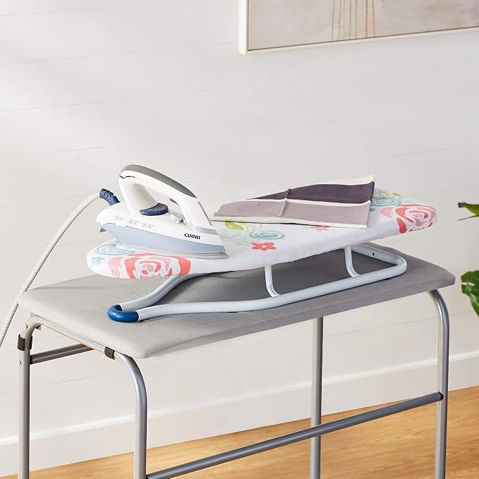 Amazon Basics Foldable Space Saving Ironing Board Tabletop with Non-Slip Feet, 77x29 cm, White, Floral