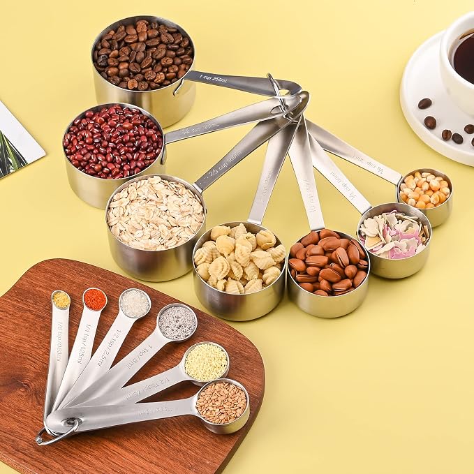 Measuring Cups and Spoons Set 16, 18/8 Stainless Steel Measuring Cups and Spoons for Dry&Liquid, 7 Metric&US Measing Cups &6 Measuring Spoons &Measure Equivalents for Kitchen&Baking
