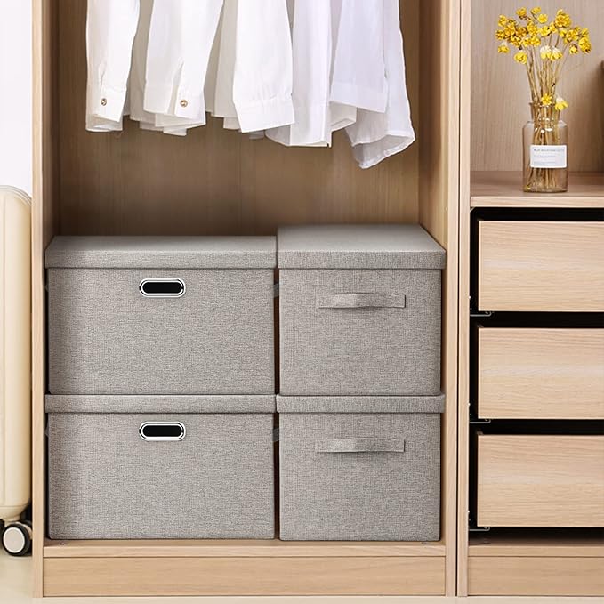 Graciadeco Large 17 36 Quart Collapsible Stackable Storage Bins with Lids, 1 Pack Beige Foldable Fabric Closet Storage Boxes with Lids, 4 Handles Toy Heavyduty Dark Gray Linen Storage Cube Box